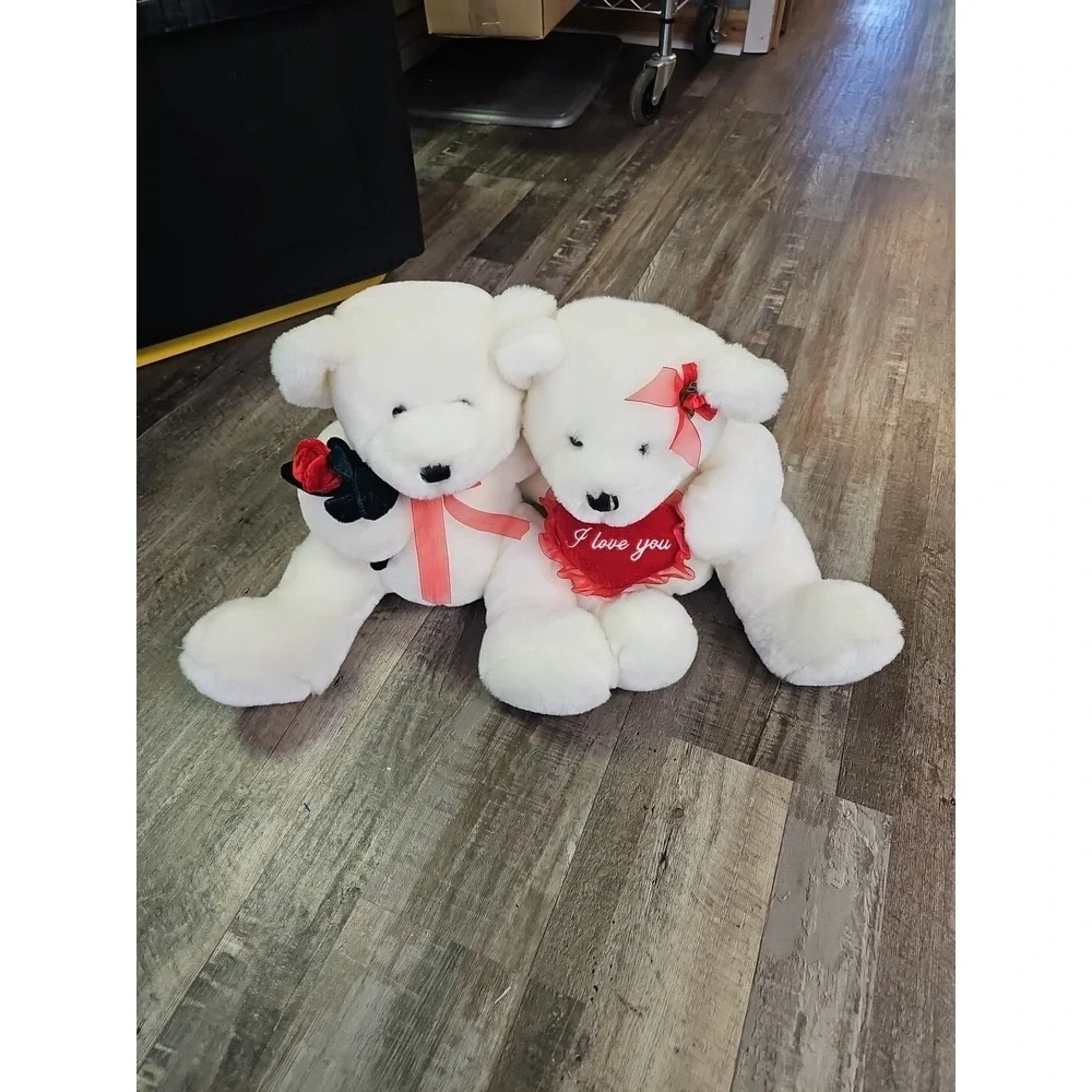 Valentine Kissing Couple I Love You White Stuffed Plush Teddy Bears Set 2‎